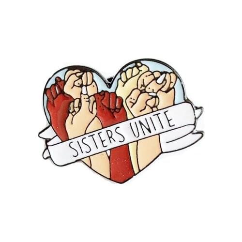 SISTERS UNITE Banner Heart Shaped Metal Enamel Brooch Like-Mind Friends Party Badge Pin Brooch Unique Trendy Costume Jewelry