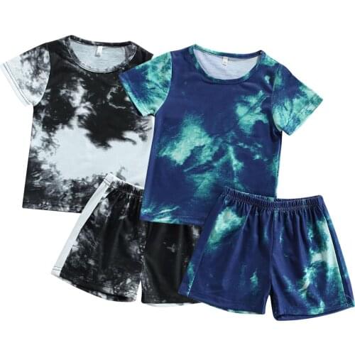 New Kid Short Sleeve + Shorts, Tie-dye Print Elastic Waist Loose Version Casual Style Summer Clothing