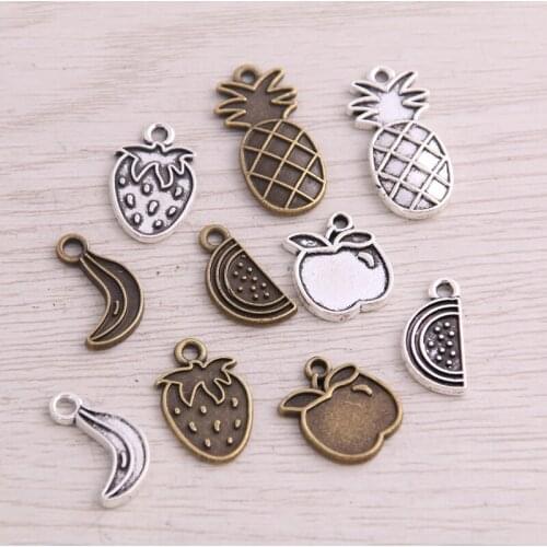 SWEET BELL 50PCS 5 Style Two Color Pineapple Banana Apple Strawberry Charms Fruit Pendant Jewelry Metal Alloy Jewelry Marking