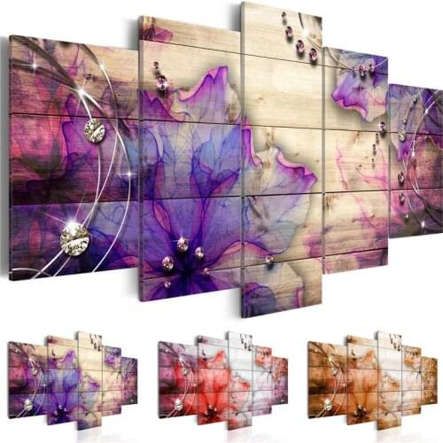 Modern Painting Canvas 5 Panels Abstract Diamond Flowers Wooden Background Wall Art Picture Home Decoration Living Room Poster