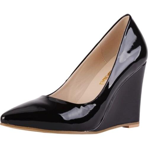 Sexy Pointed Toe Patent Leather High Heels Pumps Women Red Office Wedding Shoes Summer Autumn Wedges Woman 046-1PA