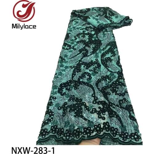 Nigerian Sequins Velvet Lace Fabrics Emerald High Quality Mesh Lace African Fabric Lace for Wedding Party Dress NXW-283