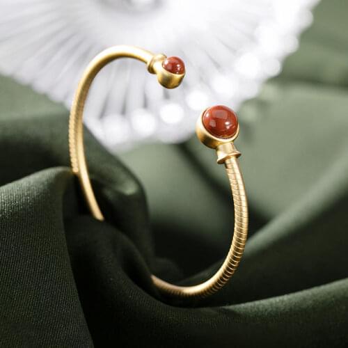 Southern Red Agate Bracelet Womens round Small Exquisite Elegant Sterling Silver Gold Plated Minimalist Style Flexible Open Anc