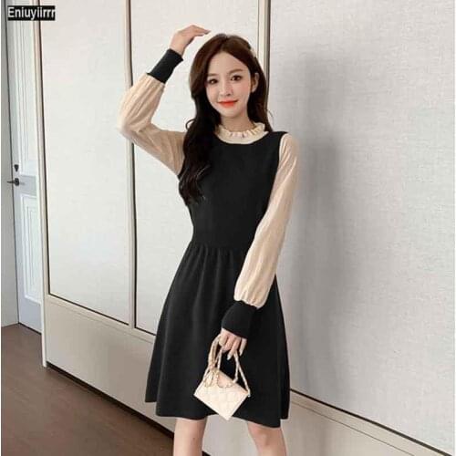 Women 2021 New Year Spring Winter Patchwork Turtleneck Red Black Knitting Mini Sweater Dress 1616