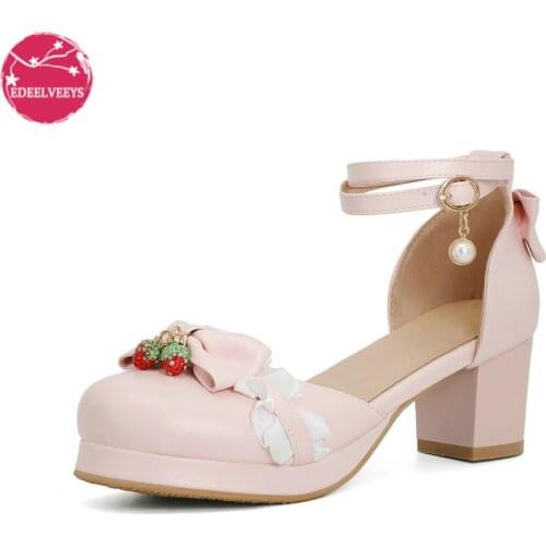 Womens Lolita Strappy Heeled Sandal Vintage Princess Sweet Bows Mary Janes Platform Shoes Strawberry Pendant Japanese Cosplay