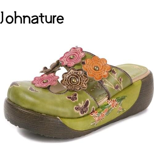 Johnature 2020 New Women Shoes Handmade Genuine Leather Retro Outside Appliques Floral Beach Sandals Slippers Platform Slides