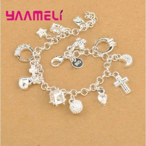 Exquisite Top Quality 925 Sterling Silver Bracelet Nice Cross Moon Heart Clock Ball Cube Star Charms Jewelry for Women Girls