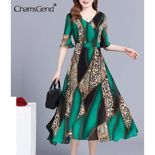 Fashion Boho Floral Print Beach Dress Women Summer V-neck Knee Length Short Sleeve Dress Vintage Chiffon Midi Dress Vestidos