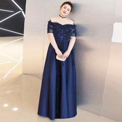 Navy Blue Boat Neck Appliques Evening Dress Off The Shoulder A-Line New Floor-Length Elegant Plus Size Women Formal Gowns D865