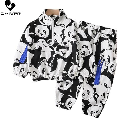 2Pcs 2021 Autumn Fashion Baby Boys Cartoon Panda Pullover Hoodies Sweatshirt Jackets with Long Pants Children Clothing Set
