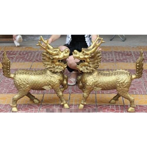 24" Chinese Copper Feng shui Dragon Kylin Chi-lin Qilin Statue Sculpture Pair