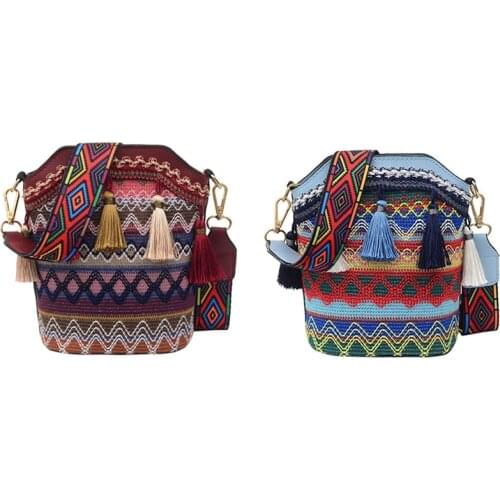 2x Bohemian Ethnic Style Womens Straw Woven Shoulder Messenger Bag Retro Casual Tassel Bucket Bag Red & Light Blue