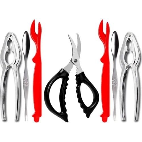 7 Pcs Seafood Tools Set Includes 2 Crab Crackers, 2 Lobster Shells, 2 Crab Forks/Pickles and 1 Seafood Scissors