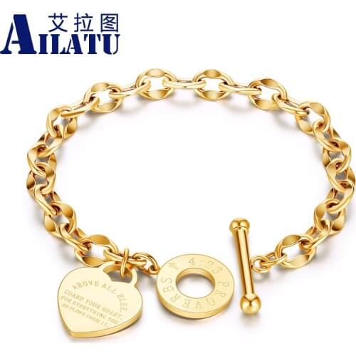 Ailatu 10pcs 316L Stainless Steel Link Chain Heart Charms Love Bracelet For Women Girls OT Buckle Toggle Female Jewelry