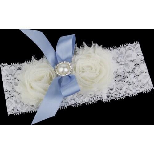 Crystal & Blue Bow Flower White Elastic Lace Wedding Bridal Toss Garter