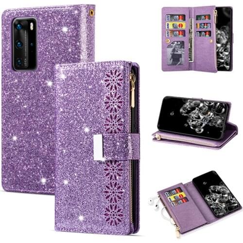 Glitter Magnetic Zipper Wallet Case Huawei P40 P40Pro P30 P20 Lite Flip Leather Case For Huawei Mate 20 10 Lite Cover with Strap