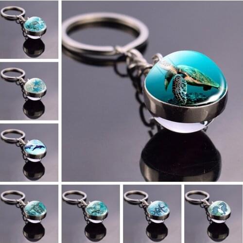 Blue Sea Marine Life Jewelry Turtle Dolphin Seashells Key Chain Keyring Glass Ball Keychain Crystal Pendant Christmas Gift