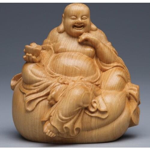 Solid wood carving Ingot Maitreya Buddhastatue ，Chinese Lucky Laughing Buddha， Modern hand-carved Home living room decoration