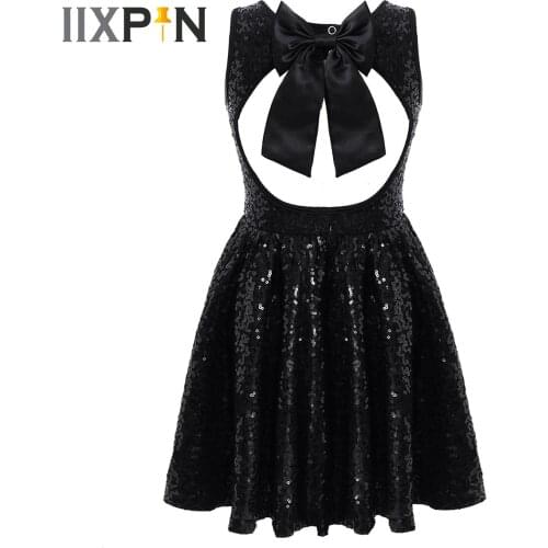 Children Sequin Jazz Dance Tutu Dress Kids Girls Sleeveless Hollow Bow Modern Contemporary Dance Street Hip Hop Stage Costume