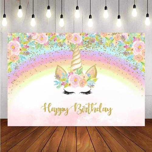 Unicorn rainbow flower backdrop for photography newborn kids happy birthday party decoration background supplies custom glitter