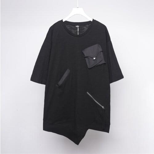 Mid-summer long zipper personalized design irregular hem stitching round collar l drop shoulder t-shirt mens fashion shirt