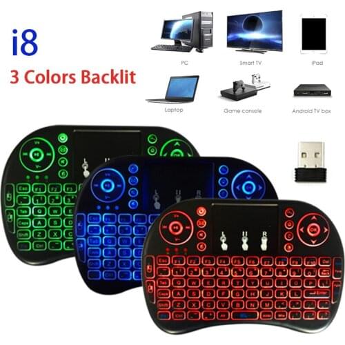 I8 Mini Wireless Keyboard 3 Colors Backlit 2.4ghz English Russian 3 Colour Air Mouse with Touchpad Remote Control Android TV Box