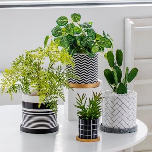 Nordic Geometric Art Ceramic Flowerpot Succulent Cactus Planter Golden Green Plants Pot With Hole Tray Luxury Home Decoration