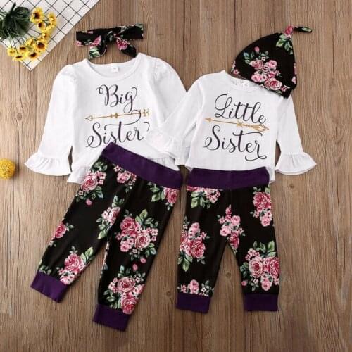 Autumn Spring Baby Girls Matching Clothes Little/Big Sister Letter Print Tops Romper Floral Pants Outfits Cap Headband 3pcs Set