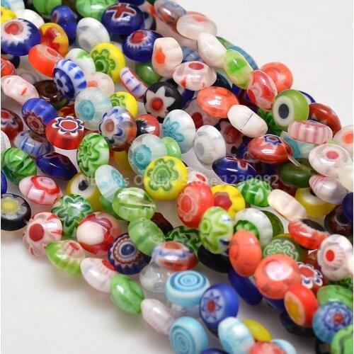 Handmade Millefiori Glass Flat Round Bead Strands, Single Flower Design, Colorful, 6x3mm, Hole: 1mm, about 66pcs/strand, 15.9"