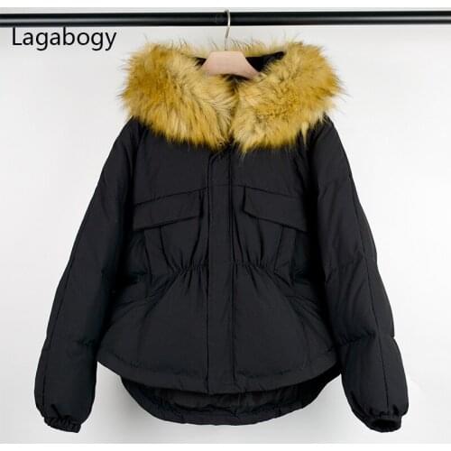 Lagabogy 2021Big Faux Fur Collar Winter 90% White Duck Down Jacket Women Hooded Thick Warm Parkas Loose Puffer Coat Snow Outwear