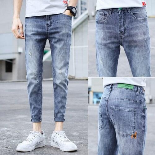 Mens trousers 2021 new spring and summer casual ripped ankle-length denim jeans trendy brand slim teenager pencil pants