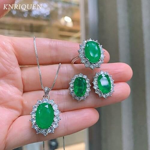 Vintage 925 Sterling Silver Jewelry Sets for Women Charms High Carbon Diamond Emerald Ring Earrings Necklace Fine Jewelry Gift