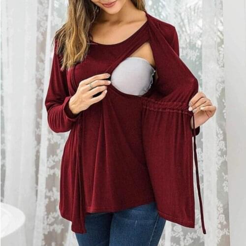 New solid color round neck long-sleeved breastfeeding wear tops and home wear