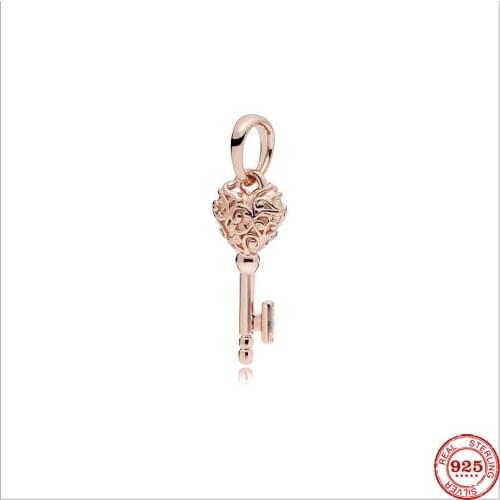 New Original Rose Gold Key Dangle Bead Charm Fit European Pandora Charms Bracelet Bangles Diy Jewelry P030-R