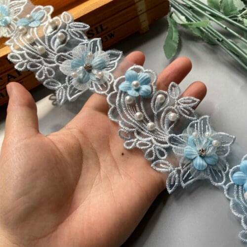 New 10x Blue Pearl Beaded Flower Leaf Embroidered Lace Trim Ribbon Fabric Handmade Sewing Craft For Costume Hat Decoration Hot