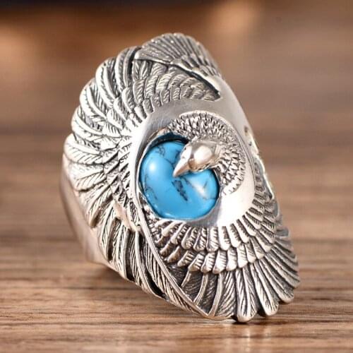 Punk 925 Sterling Silver color Ring with Natural Turquoise Hand Carved Eagle Wings Rings for Unisex Thai Silver color Jewelry