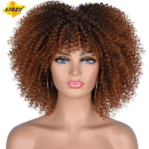 Short Hair Afro Kinky Curly Wigs With Bangs For Black Women African Synthetic Omber Glueless Cosplay Wigs Heat Resistant Lizzy