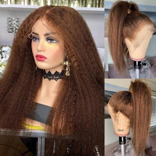Brown Color Lace Front Human Hair Wigs Kinky Straight Brazilian Non Remy Hair 4x4 Lace Closure Wig T Part Lace Wig Pre Plucked