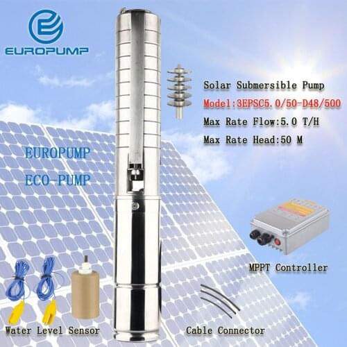 EUROPUMP MODEL(3EPSC5.0/50-D48/500) Max 5000LPH 50m lift SS304 DC brushless submersible solar water pump with MPPT controller