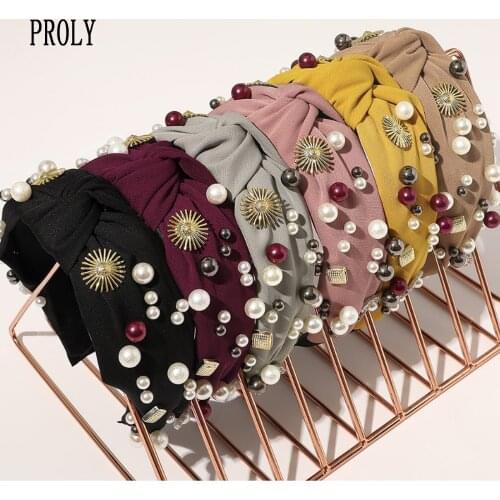 PROLY New Fashion Women Headband Wide Side Baroque Hairband Pearls Rhinestone Headwear Casual Vintage Hair Accessories Turban