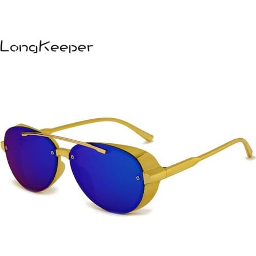 LongKeeper Steampunk Sunglasses Men Women Brand Design Side Shiled Goggles Metal Frame Male Mirror Lens Sun Glasses UV400 Oculos