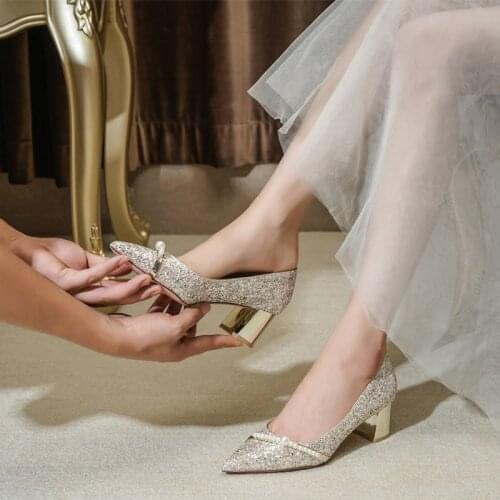 Wedding Shoe Summer Women Thick Heel Wedding Dress Two Wear 2021 New Pregnant Women Bride Shoes Crystal High Heel Not Tired Feet