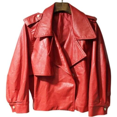 Loose Leather Spring Autumn Korean New BF Style Nine Point Lantern Sleeve Short Coat Casual Three Quarter Jacket with Pockets