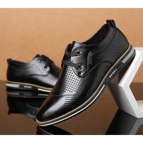 New Summer Fashion Casual Shoes Men Hollow Breathable Large Size Single Shoes Lace Up Hollow Out Leather Shoes Man