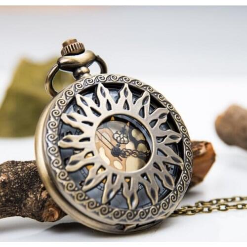 Vintage Bronze Golden flowers Hollow out Fashion quartz woman gift Necklace pocket watches POLK687