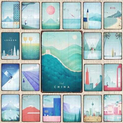 【YZFQ 】Paris Champagne Plaque Metal Vintage Wine Tin Sign Travel Souvenir Wall Bar Art Restaurant Home Decor 30X20CM DU-6513A