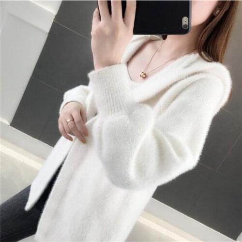 Women 2020 Autumn Winter New Imitation Mink Cashmere Cardigan Coat Female Long Sleeve Hooded Warm Casual Knitted Sweaters