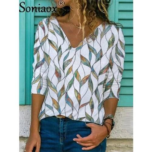 2021 Womens Fashion Trend V-Neck Long Sleeve Tops Casual Floral Print Pullover Summer Loose Large Size All-Match Ladies T-Shirt
