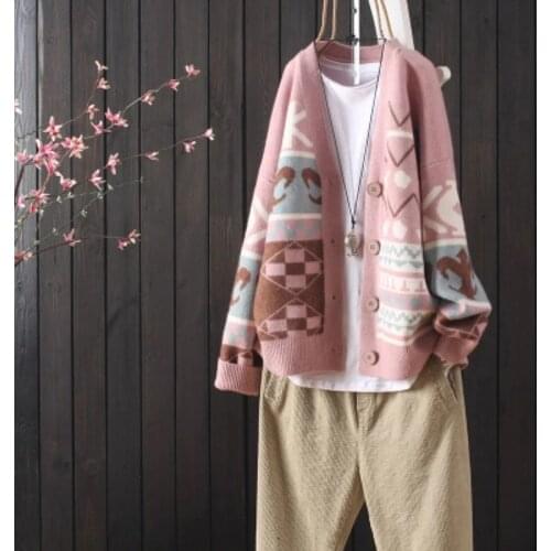 Autumn and winter loose large size casual knitted cardigan womens long-sleeved retro ethnic embroidery sweater coat jacket