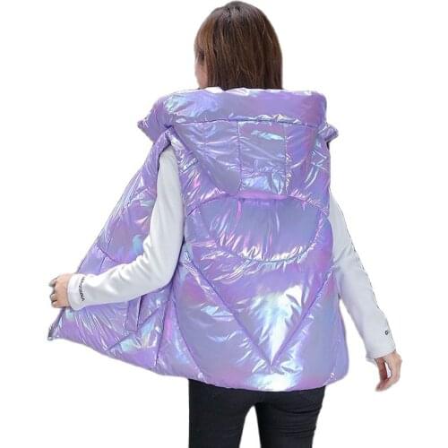 Glossy Down Cotton Vests For Women Hooded Womens Jackets Winter Waistcoat New Student Korean Loose Short Parkas Womens Vest
